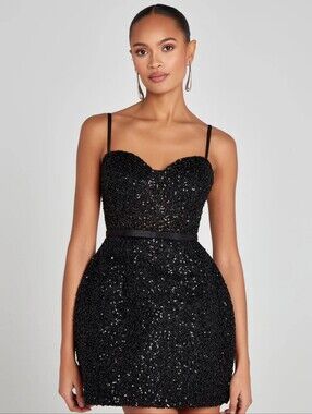 Nadine Merabi Tara Black Sequin Sweetheart Mini Dress